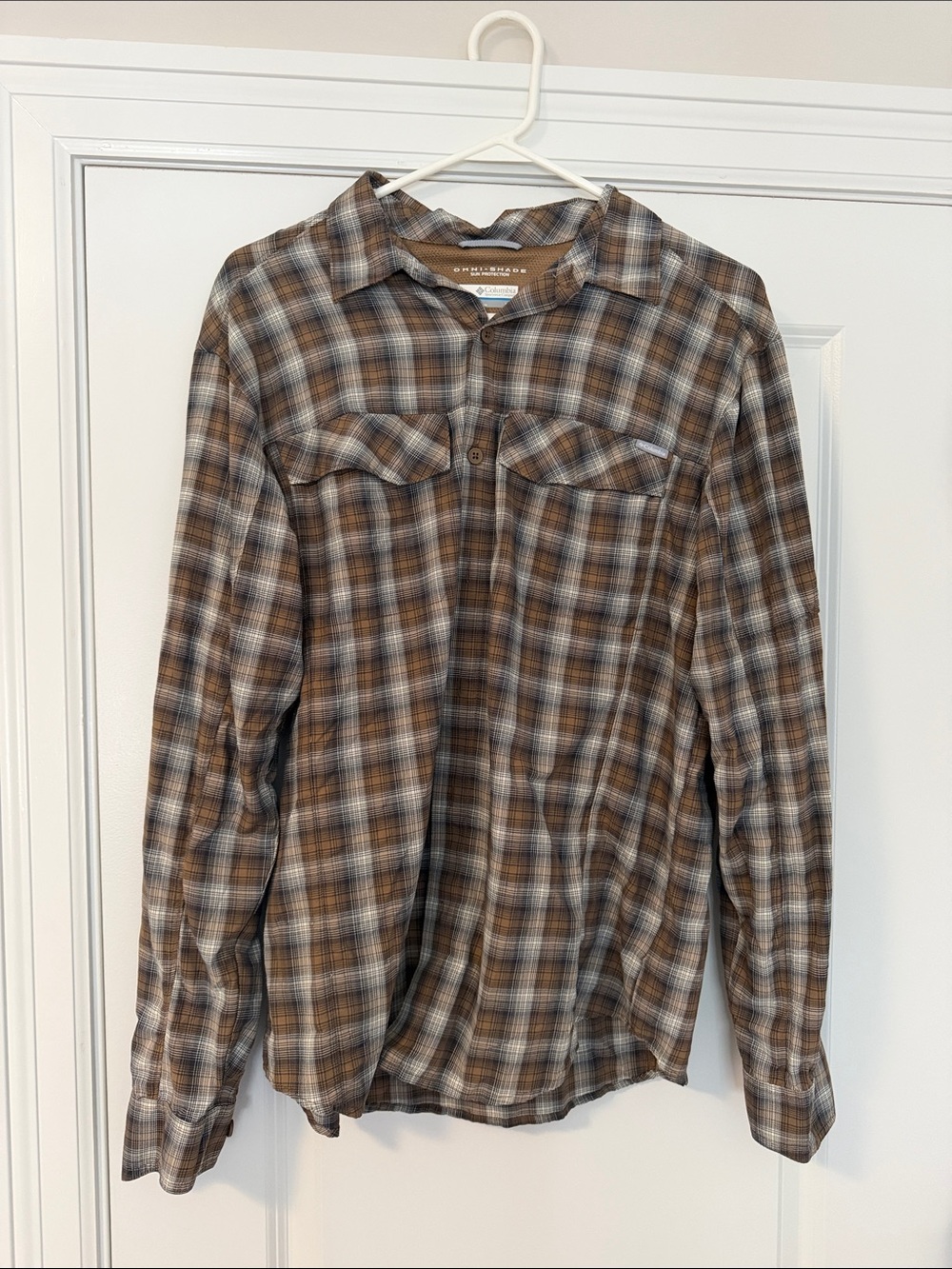 Columbia Men’s Brown Plaid Long-Sleeve Shirt Omnishade size M